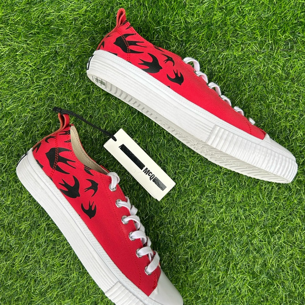 McQ by Alexander McQueen Red Canvas Low-Top Sneakers with Black Bird Motif